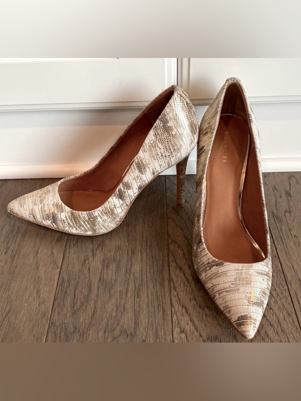 COACH White and Gold Shimmer Snake Print Heels Size 9.5